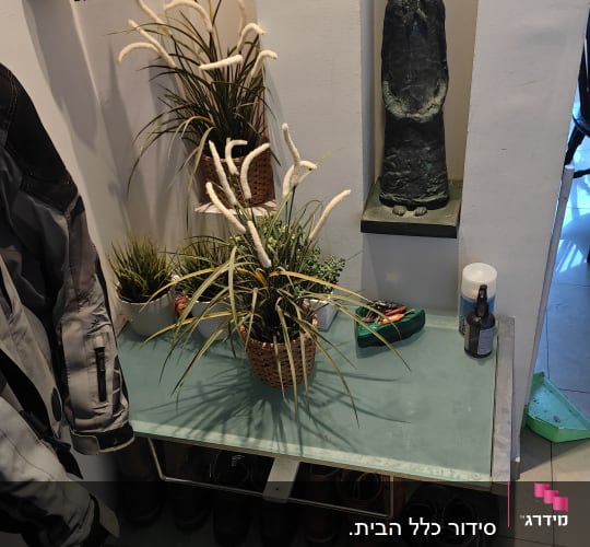 מדף עם עציצים, נעליים ומעיל תלוי
